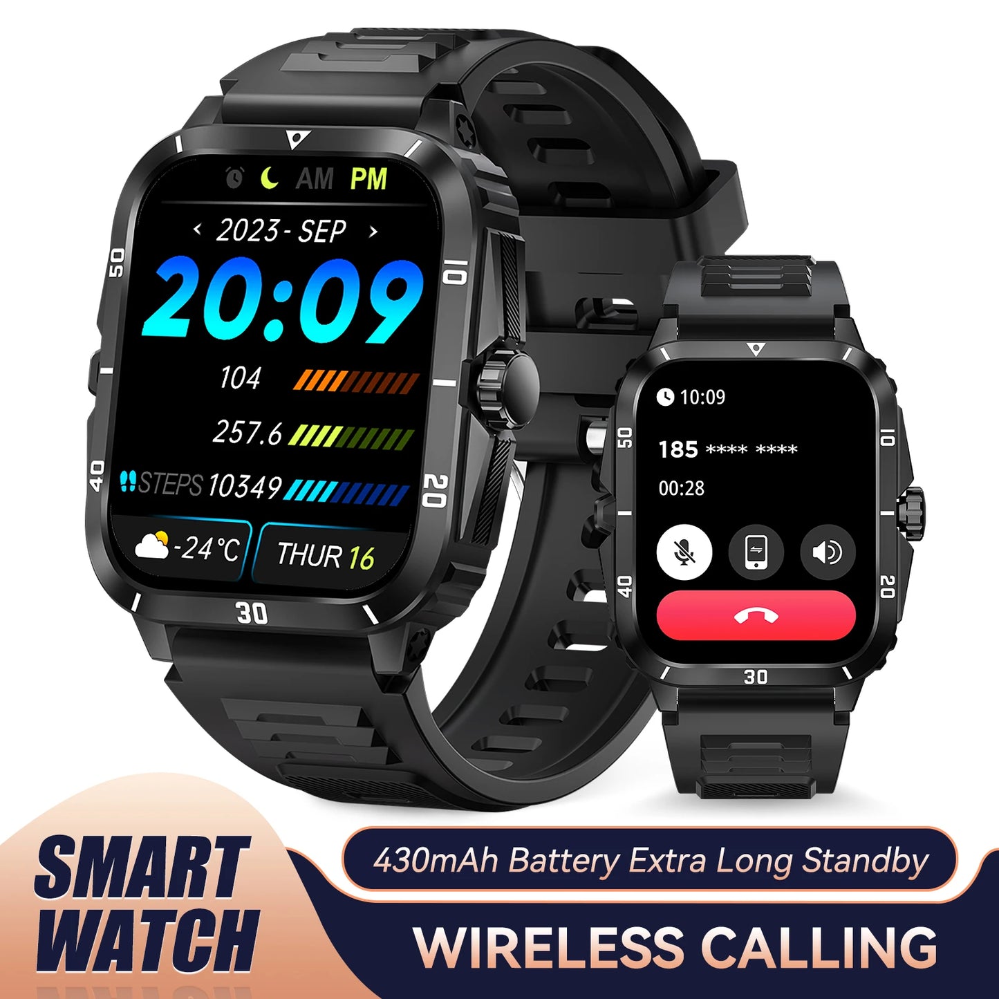 EIGIIS KT71 Smartwatch 3ATM Waterproof 1.96 Inch IPS Screen Heart Rate Bluetooth
