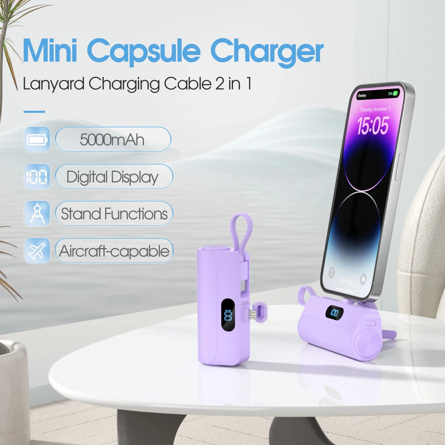 5000mAh Mini Portable Charger with Built-in Lightning port&Type-C Cable, Foldable Stand, LED Digital Display