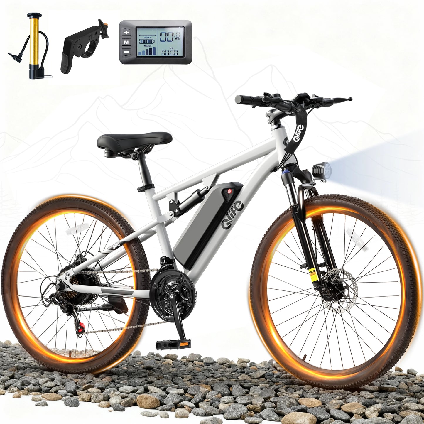 Qlife Racer Ultra 27.5" Electric Bicycle for Adults, Full Suspension 21-Speed Mountain Ebike with 1200W Brushless Motor, 48V 10.4AH Removable Battery 55 Miles