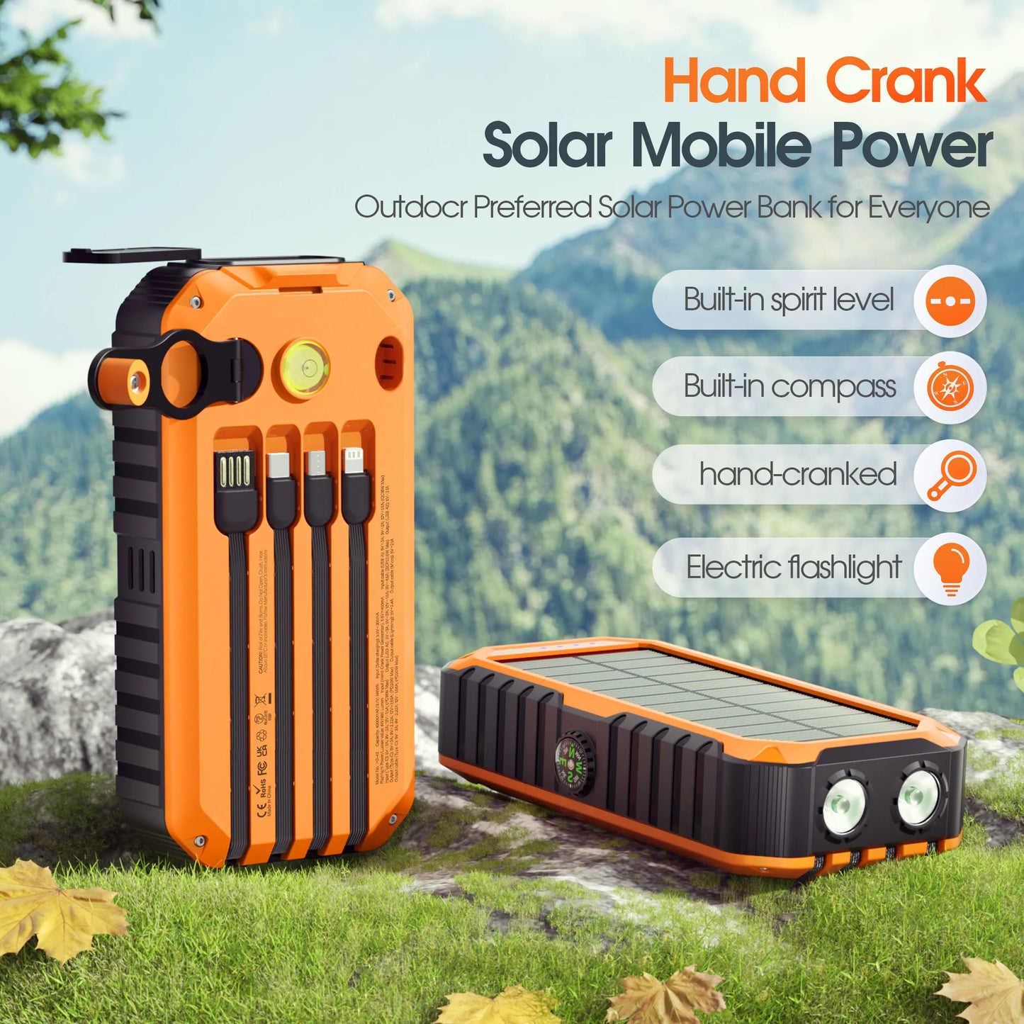 40000mAh Solar Power Bank With Hand Crank Built In Cables LED Flashlight