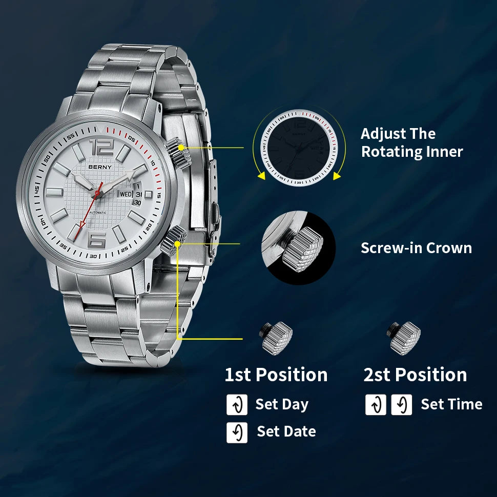 BERNY 20ATM Diver Mechanical Watch For Men Super Luminous Sapphire Automatic