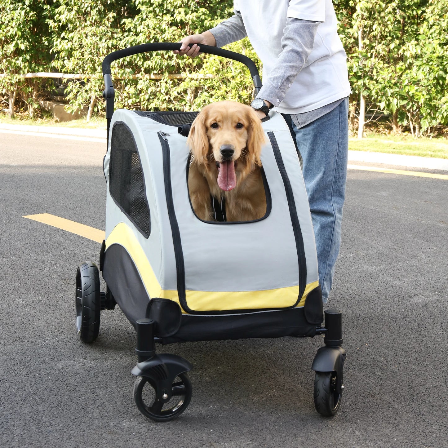 Take your furry companion anywhere with this foldable, four-wheel stroller designed for large dogs and everyday adventures, built for comfort, durability, and effortless travel.