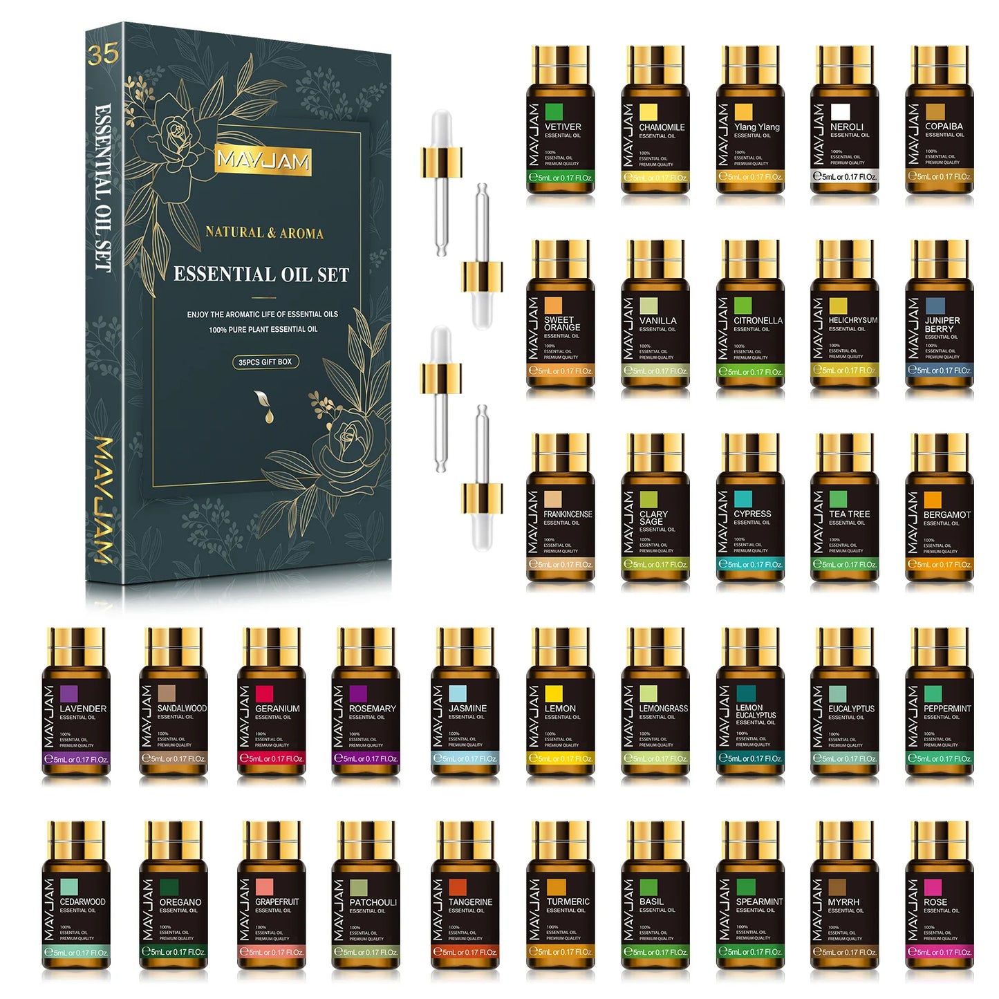 Refresh your space with MAYJAM 35pc essential oil set, designed for humidifiers, diffusers, burners, candles, and soaps, delivering spa-like aromas that lift mood and ambiance.