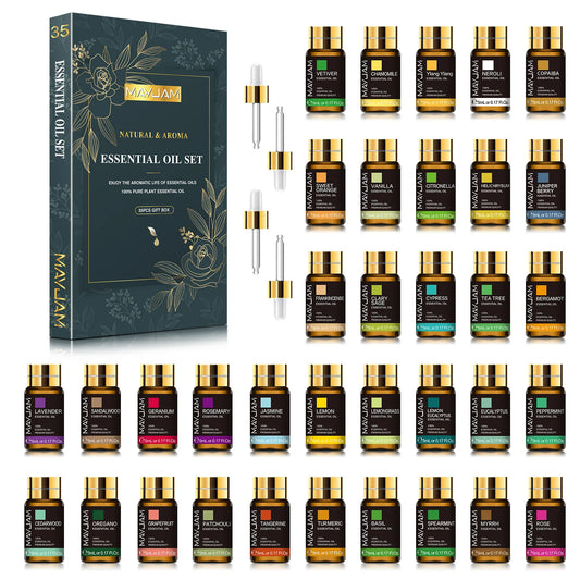 Refresh your space with MAYJAM 35pc essential oil set, designed for humidifiers, diffusers, burners, candles, and soaps, delivering spa-like aromas that lift mood and ambiance.