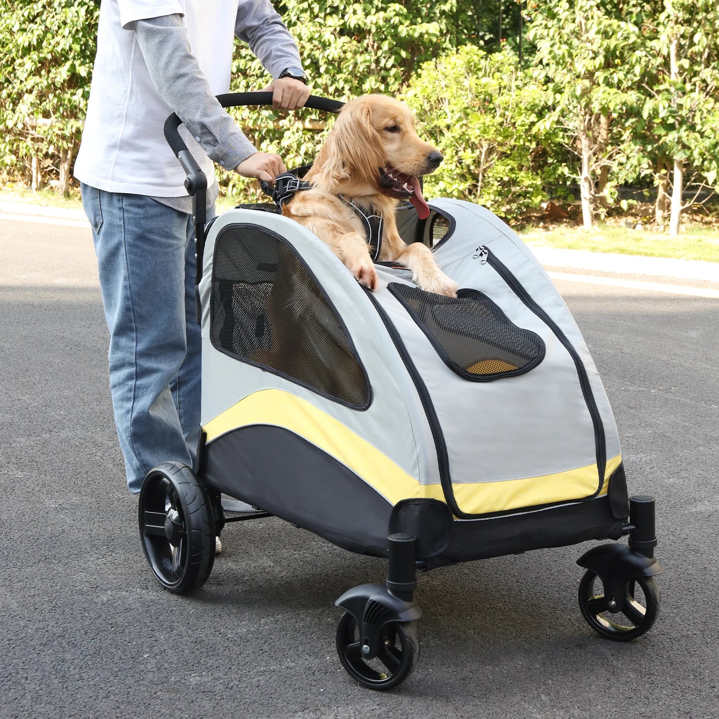 Take your furry companion anywhere with this foldable, four-wheel stroller designed for large dogs and everyday adventures, built for comfort, durability, and effortless travel.