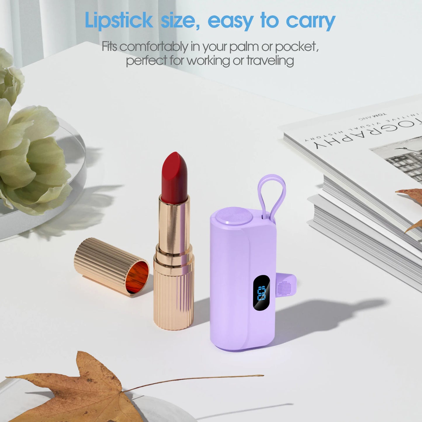 5000mAh Mini Portable Charger with Built-in Lightning port&Type-C Cable, Foldable Stand, LED Digital Display