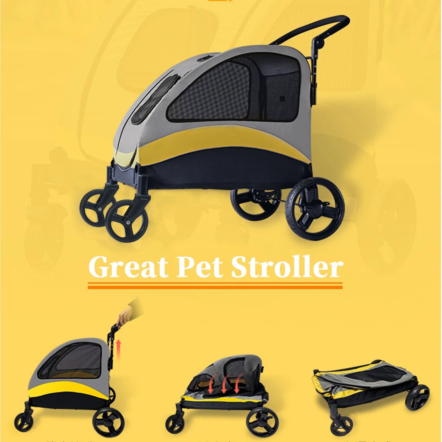 Take your furry companion anywhere with this foldable, four-wheel stroller designed for large dogs and everyday adventures, built for comfort, durability, and effortless travel.