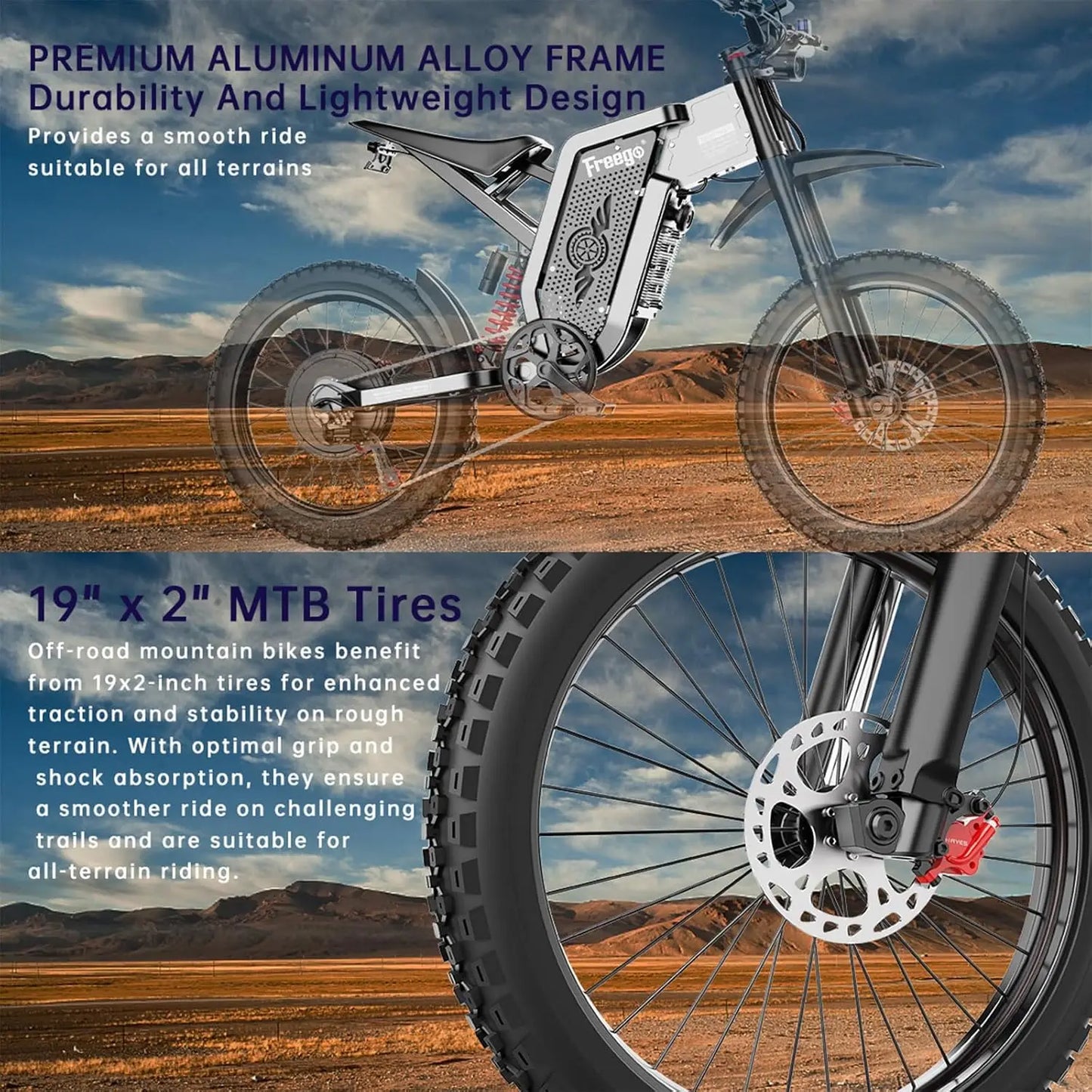 Freego X2 Electric Dirt Bike 6000W Motor 60V 30Ah Removable Battery Max 50Mph E-Bike 19" x2" Tire Electric Motorcycle for Adults
