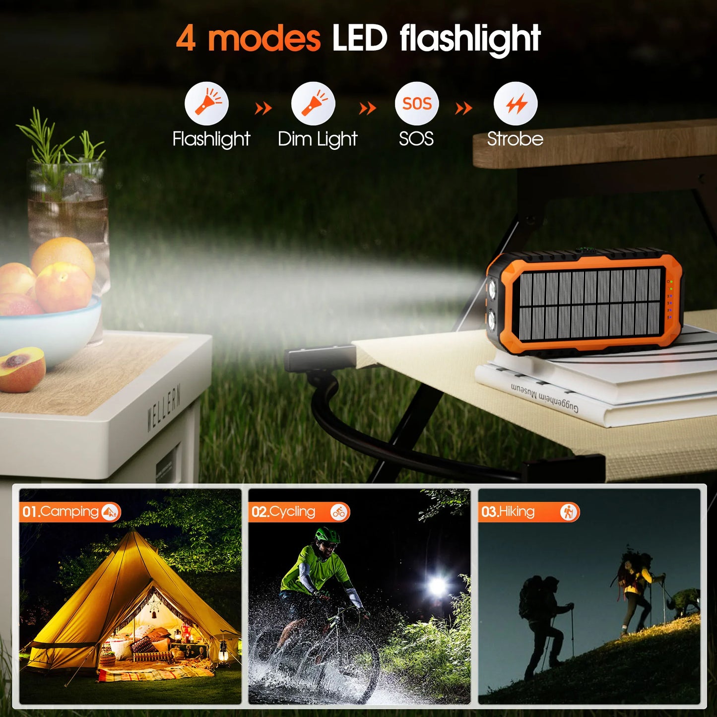 40000mAh Solar Power Bank With Hand Crank Built In Cables LED Flashlight