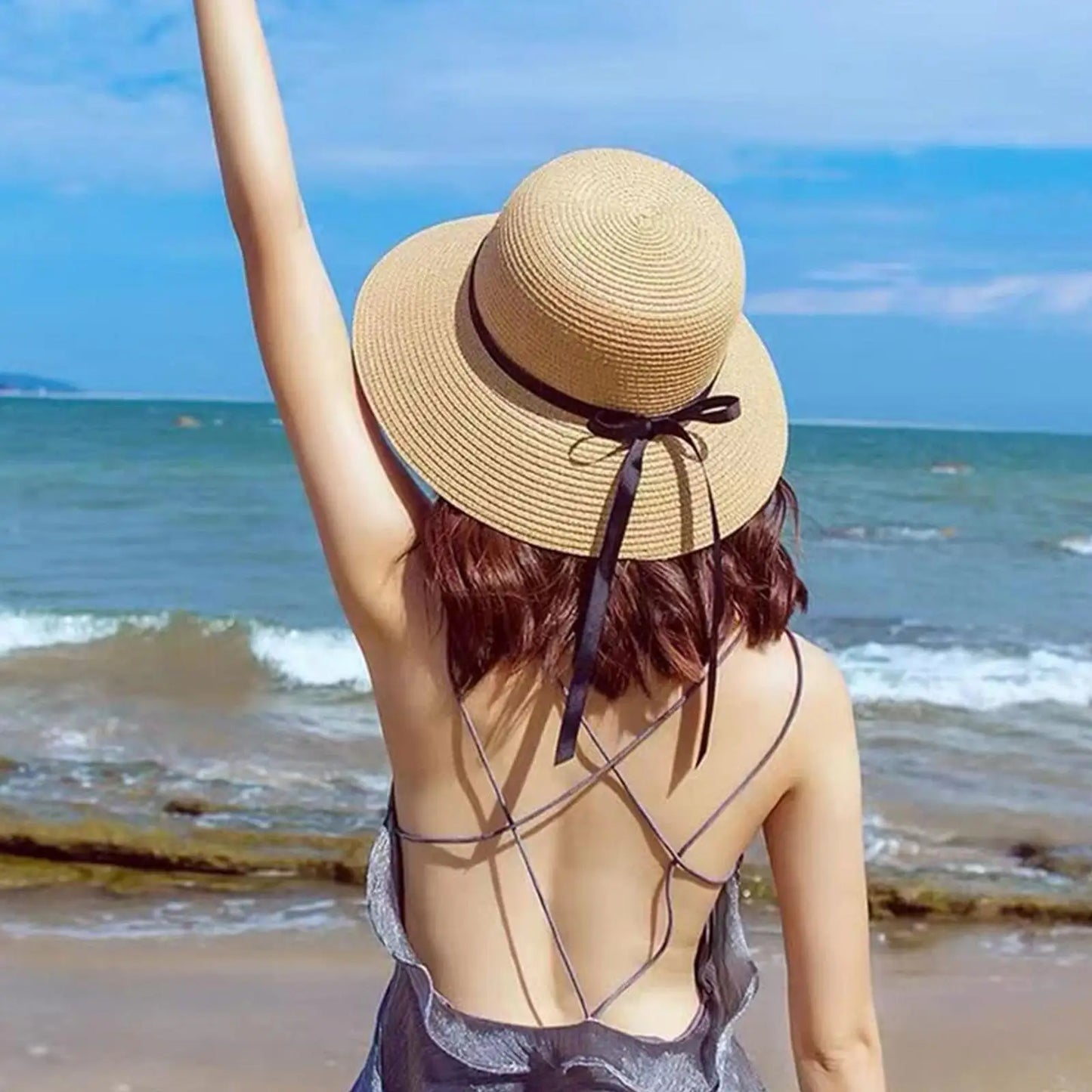 Summer straw hat,large wide brim,foldable beach sun hat, straw woven drooping brim UV protection ladies outdoor travel straw hat