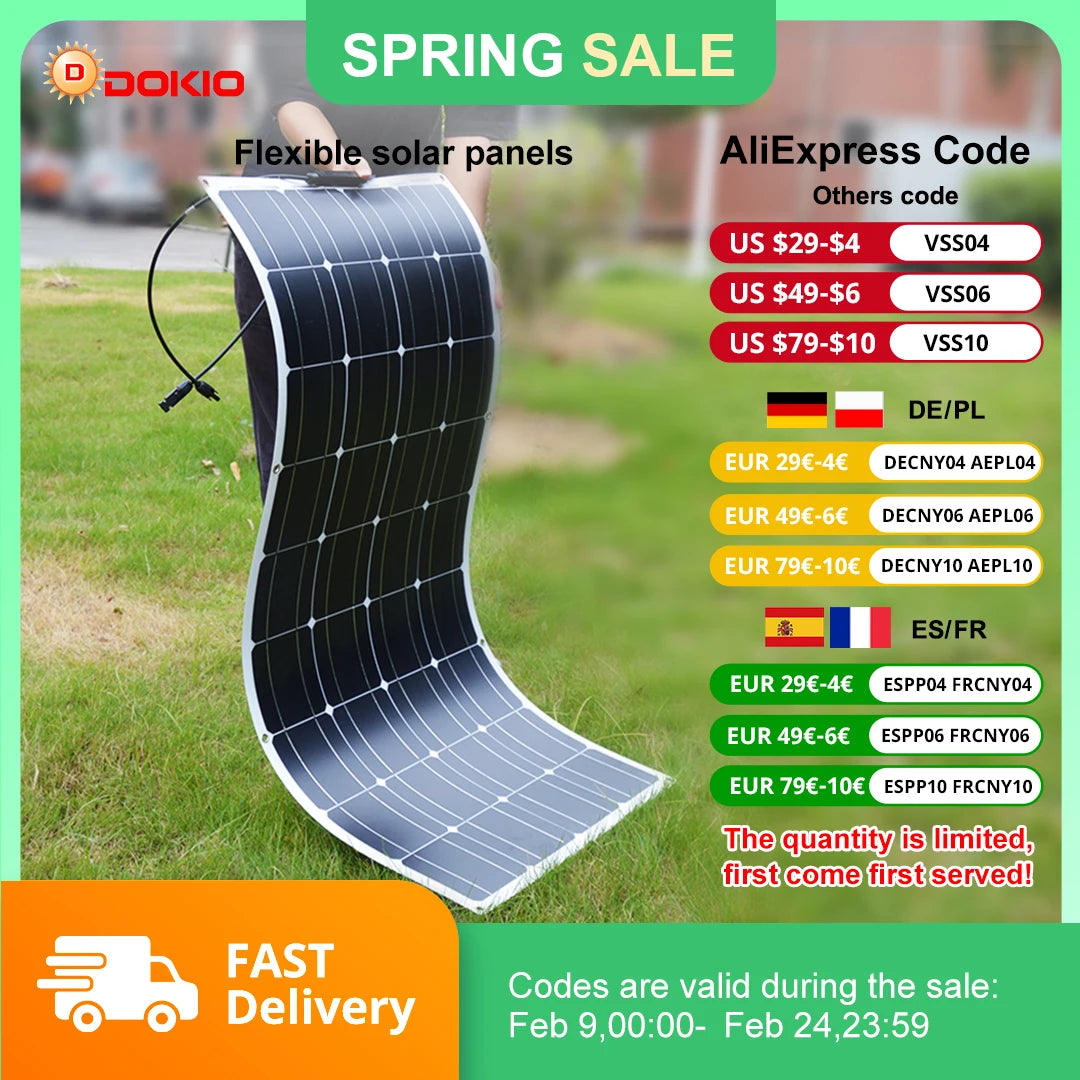 DOKIO 100W Flexible Monocrystalline Solar Panel Waterproof for RV Camping 12V