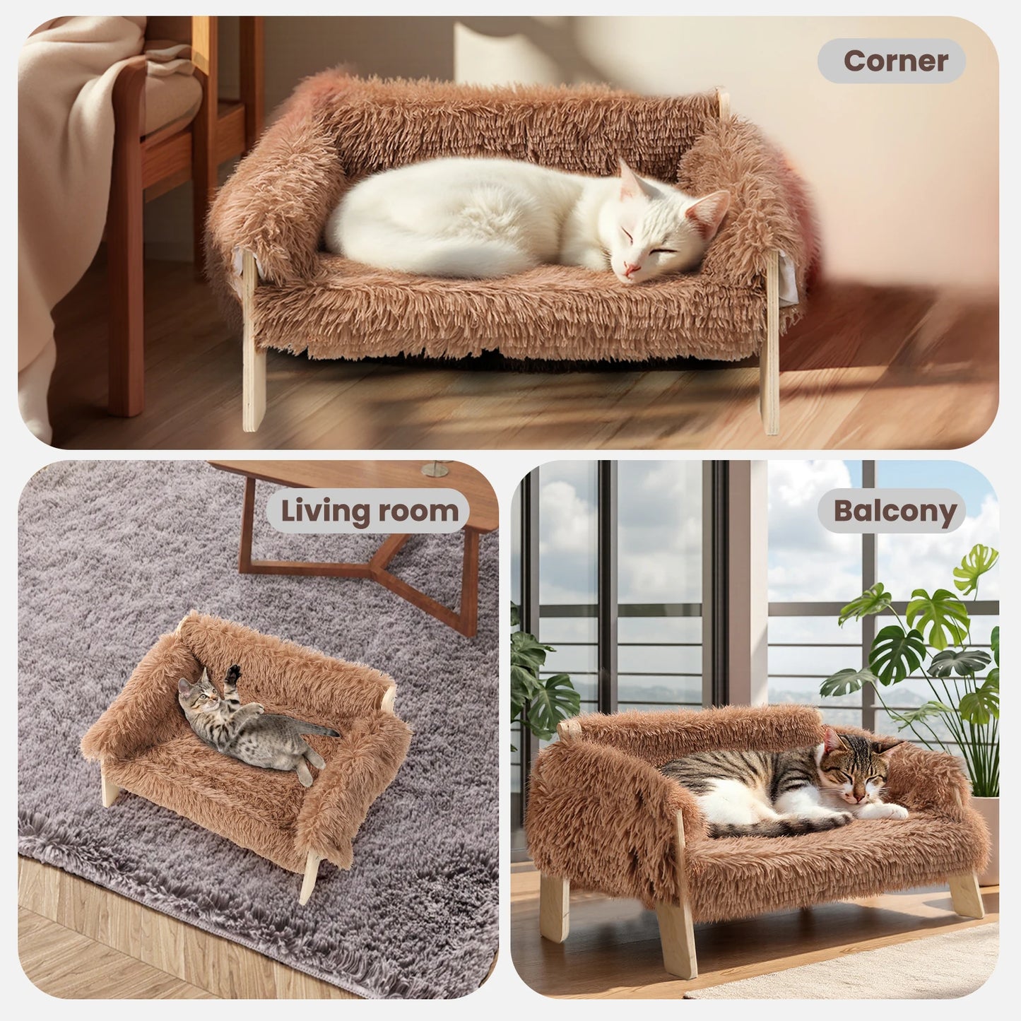 Large Raised Wooden Cat Bed With Plush Cushion Sofa For Indoor Cats