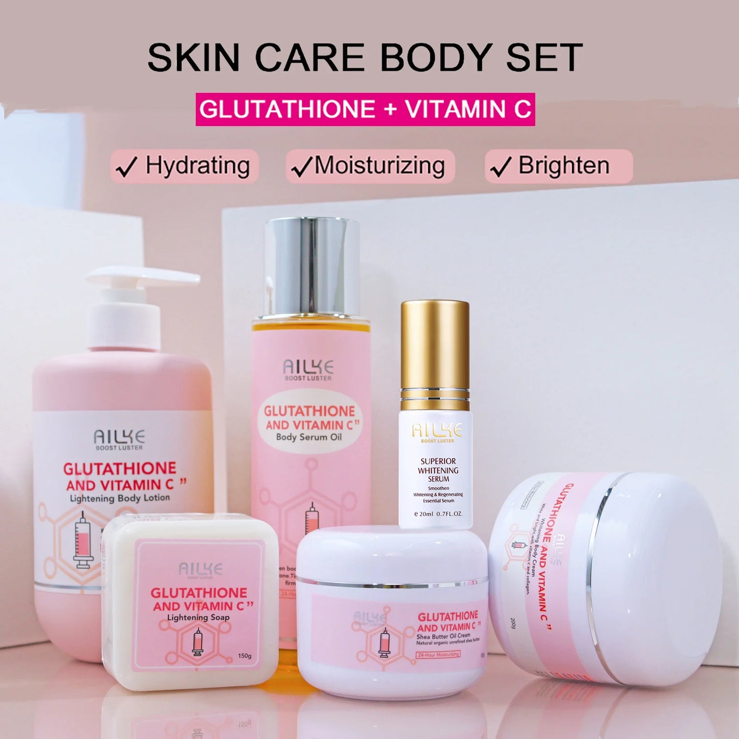 Reveal a brighter, smoother you with the AILKE Glutathione and Vitamin C Kit, a spa-inspired routine designed to brighten, hydrate, and protect your skin.
