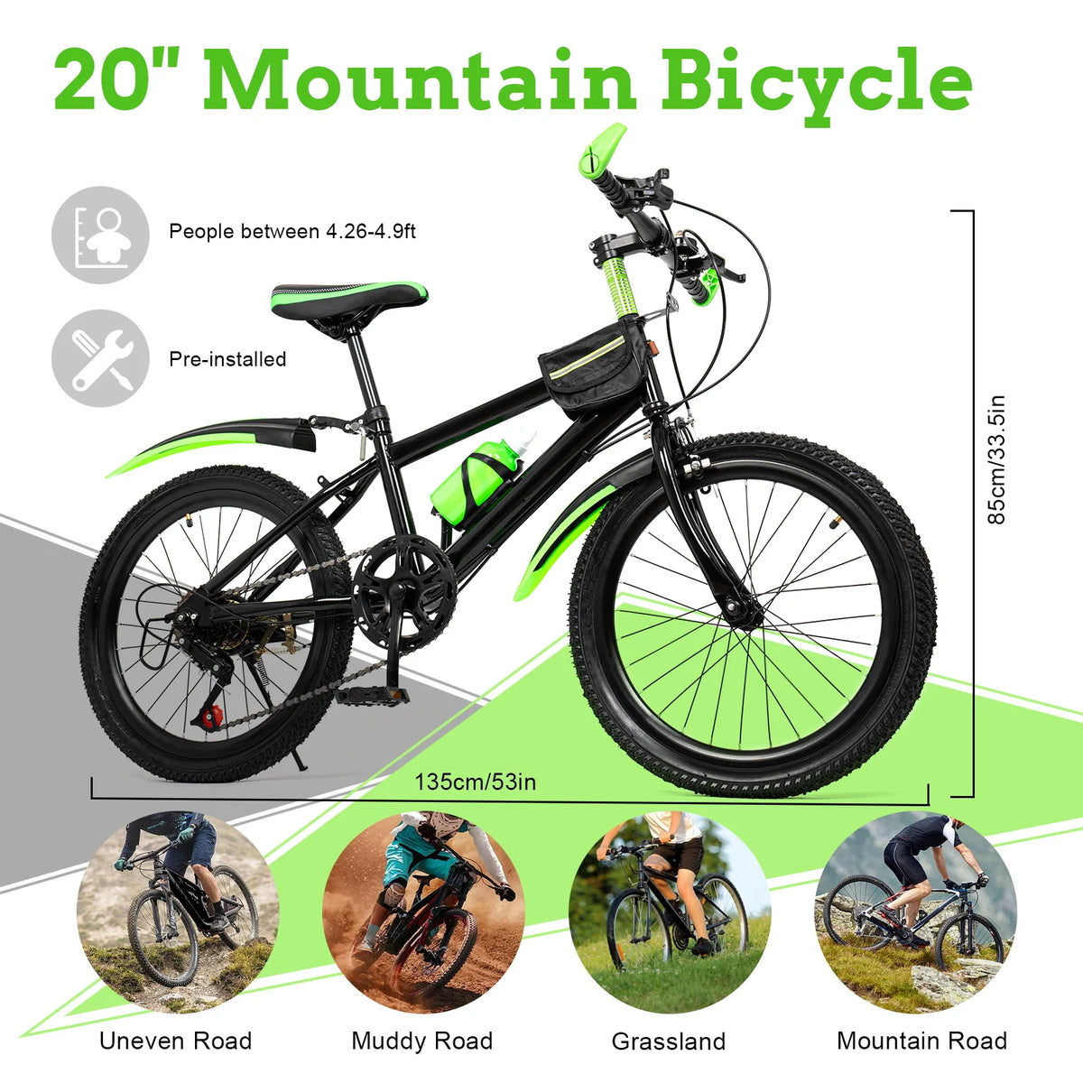 20 Inch 7 Speed Kids Mountain Bike with Storage Bag and Compass Bell