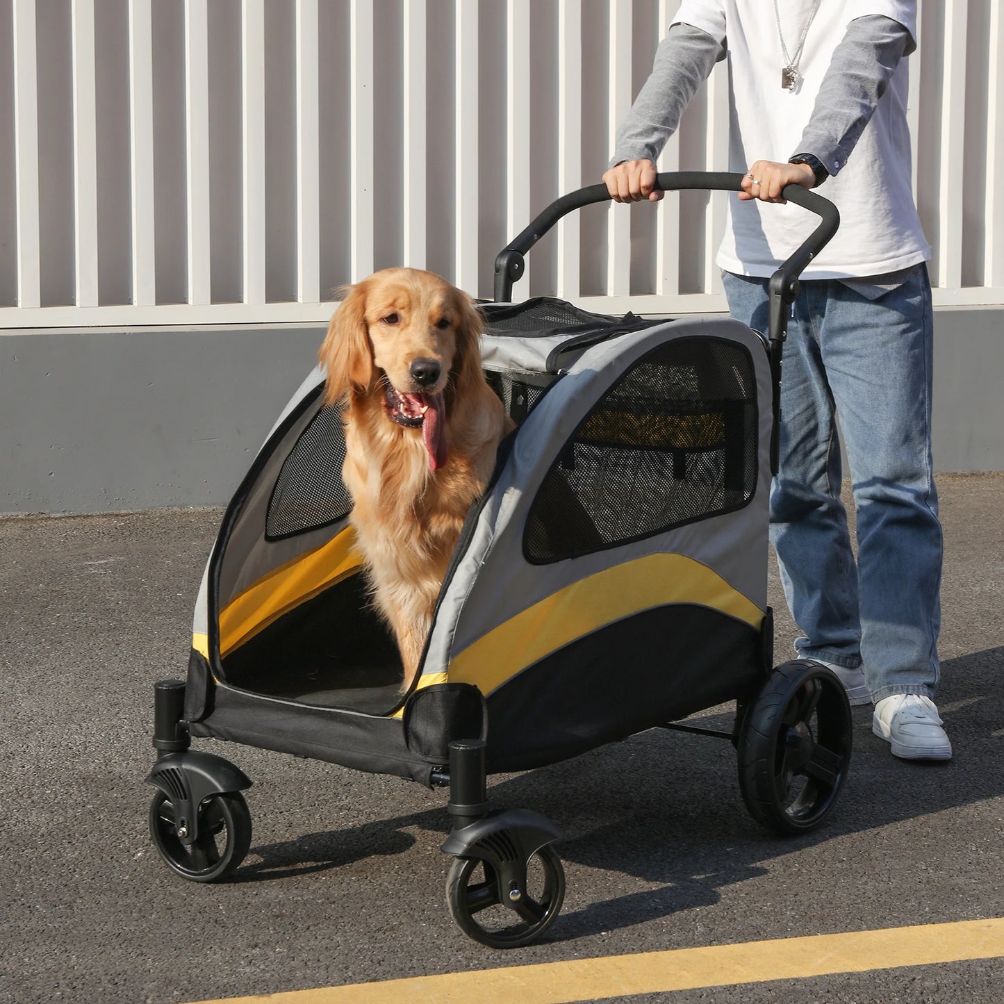 Take your furry companion anywhere with this foldable, four-wheel stroller designed for large dogs and everyday adventures, built for comfort, durability, and effortless travel.