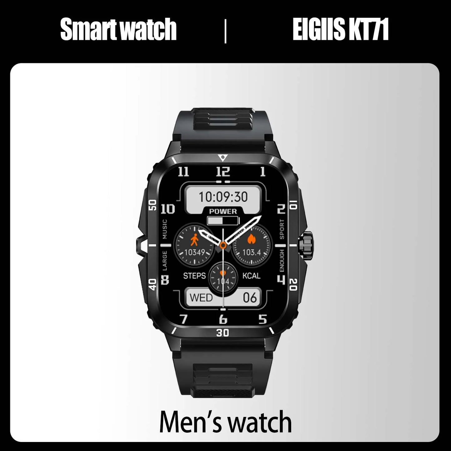 EIGIIS KT71 Smartwatch 3ATM Waterproof 1.96 Inch IPS Screen Heart Rate Bluetooth