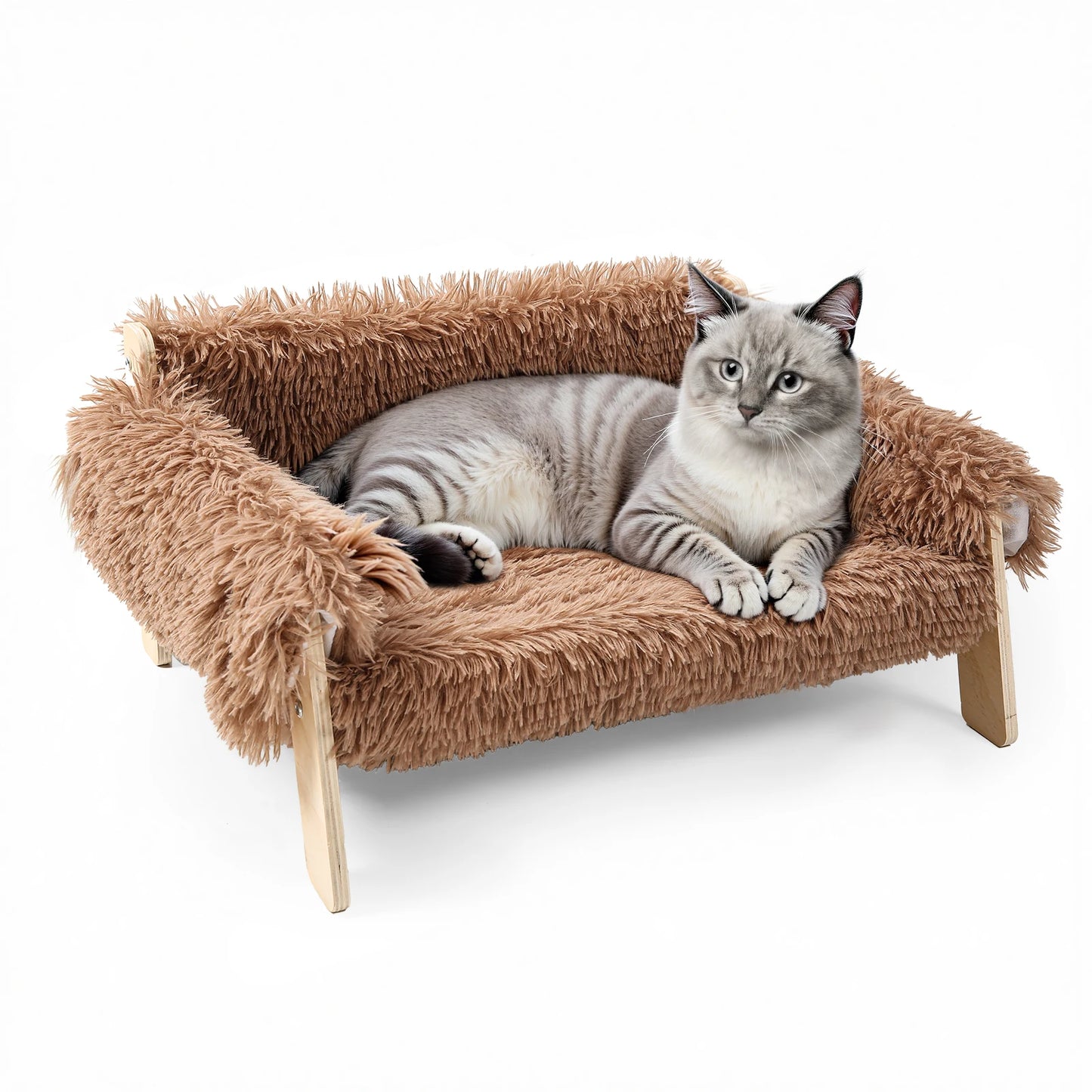Large Raised Wooden Cat Bed With Plush Cushion Sofa For Indoor Cats