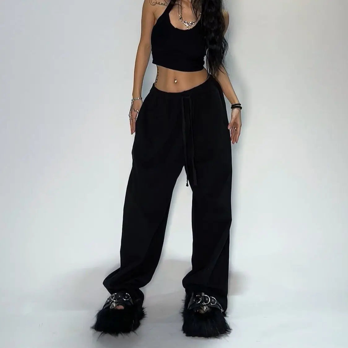 Y2K Embroidered Black Gray Camo Casual Tactical Jogging Sweatpants Drawstring