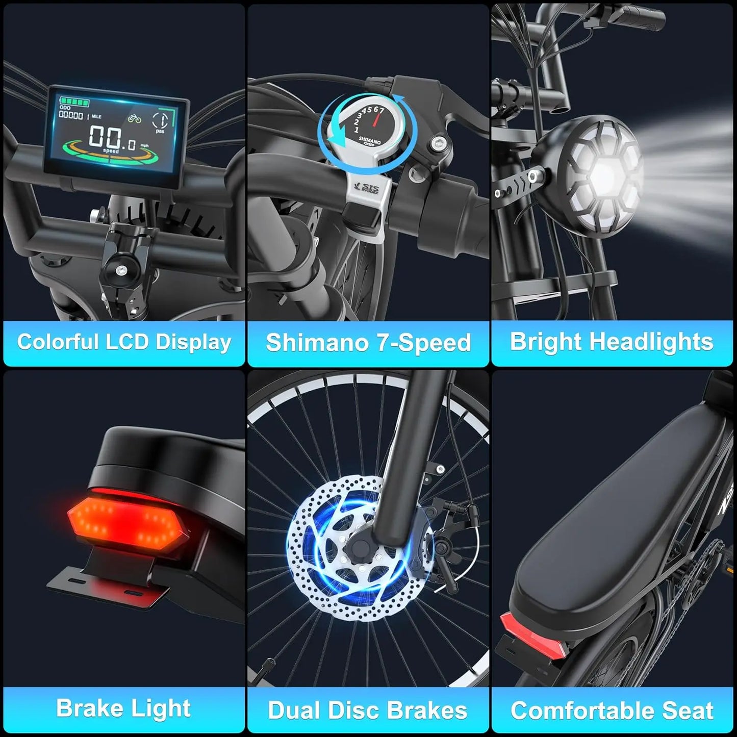 48V 20Ah 1500W Fat Tire Electric Bike 31MPH 80Mi 20x4in 7-Speed UL2849 Off-Road,Customized