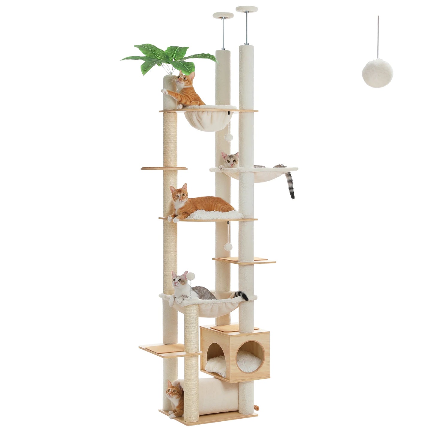 PAWZ Road Height Adjustable Wooden Cat Tree With Large Hammock And Sisal Posts