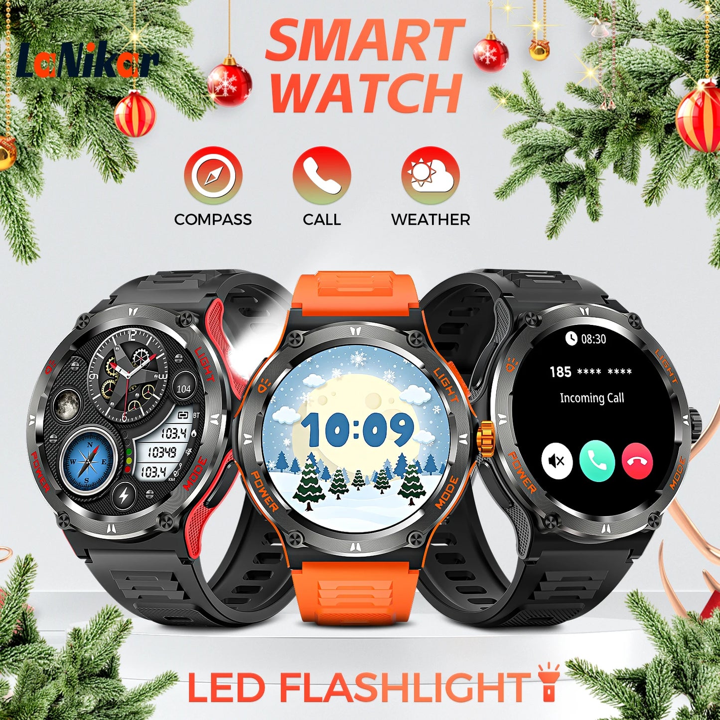 LaNikar Smart Watch KT76 1.53 Inch 3ATM Waterproof Compass Bluetooth Heart Rate