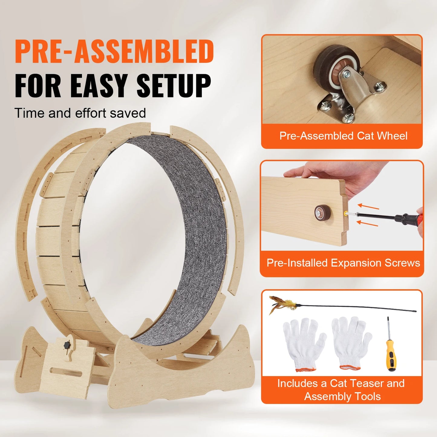 Give your indoor cat a fun, safe cardio workout with this sturdy wooden exercise wheel designed for daily use.