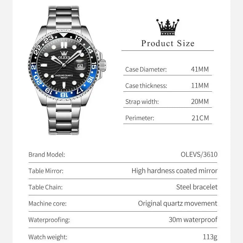 OLEVS 3610 Men Watch Stainless Steel Waterproof Rotating Dial Date Quartz