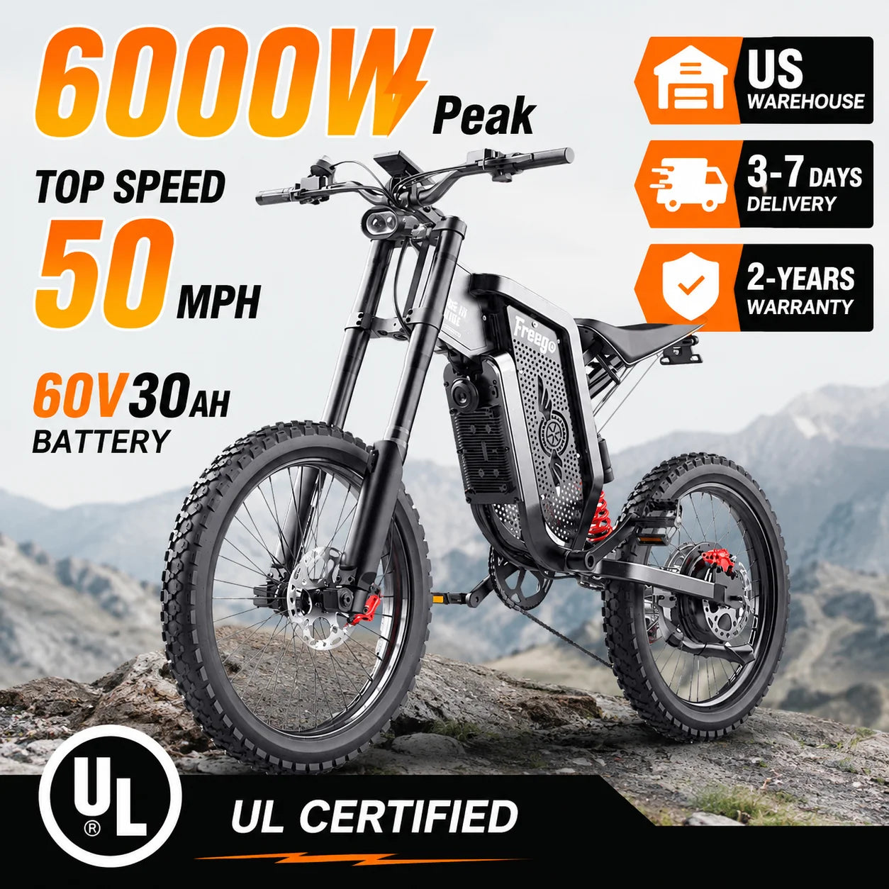 Freego X2 Electric Dirt Bike 6000W Motor 60V 30Ah Removable Battery Max 50Mph E-Bike 19" x2" Tire Electric Motorcycle for Adults