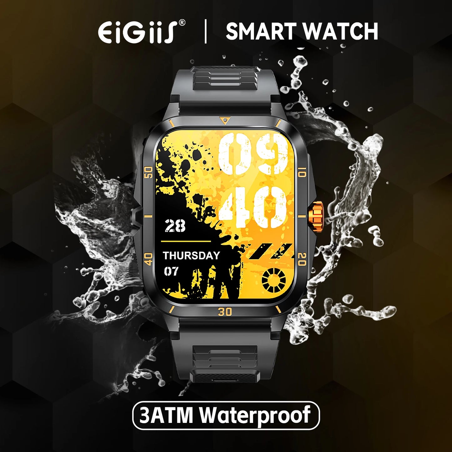 EIGIIS KT71 Smartwatch 3ATM Waterproof 1.96 Inch IPS Screen Heart Rate Bluetooth
