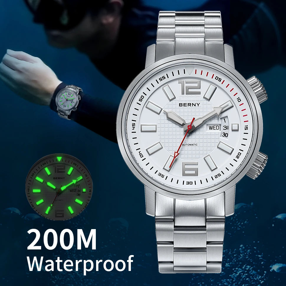 BERNY 20ATM Diver Mechanical Watch For Men Super Luminous Sapphire Automatic