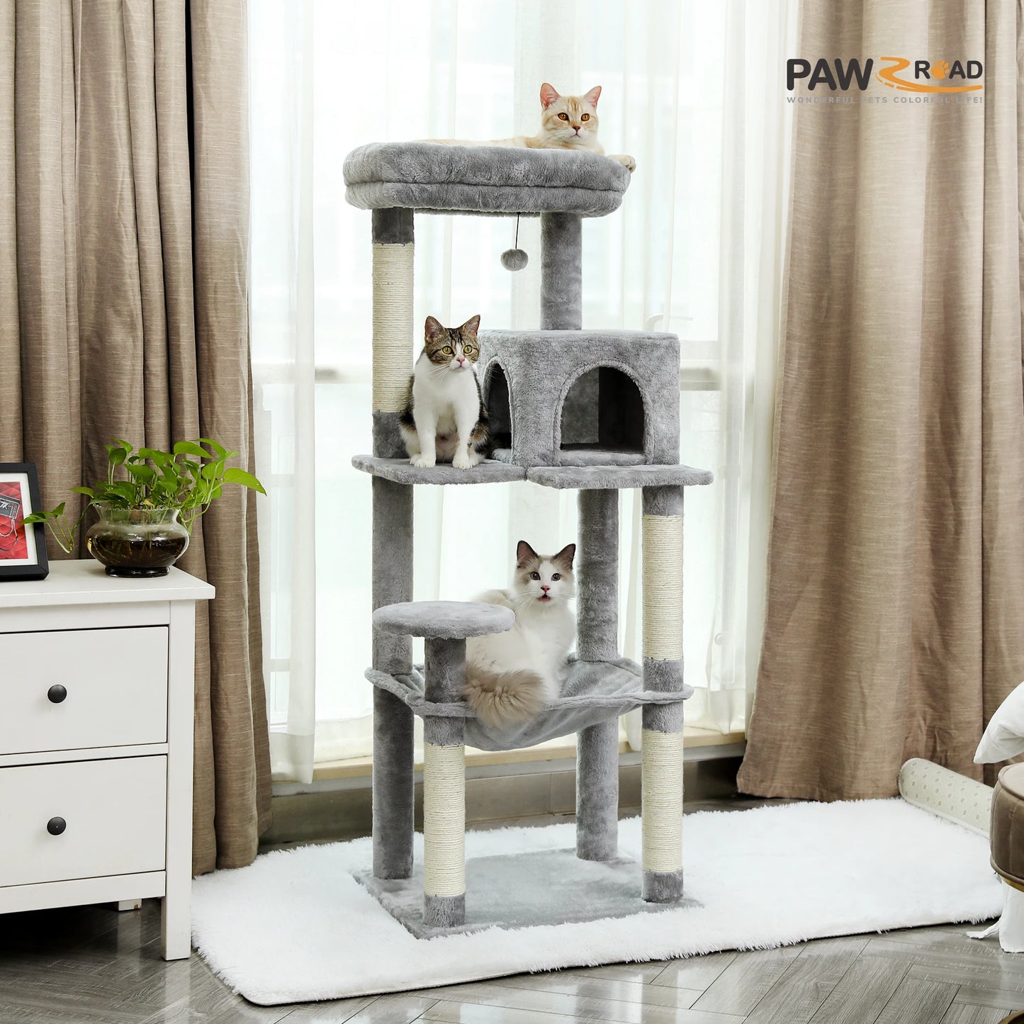 Elevate your indoor cat's playtime with PAWZ Road's sturdy 5-Level cat tree, expertly designed to support large cats, encourage climbing, provide safe lounging perches, and fit stylishly into your living space.
