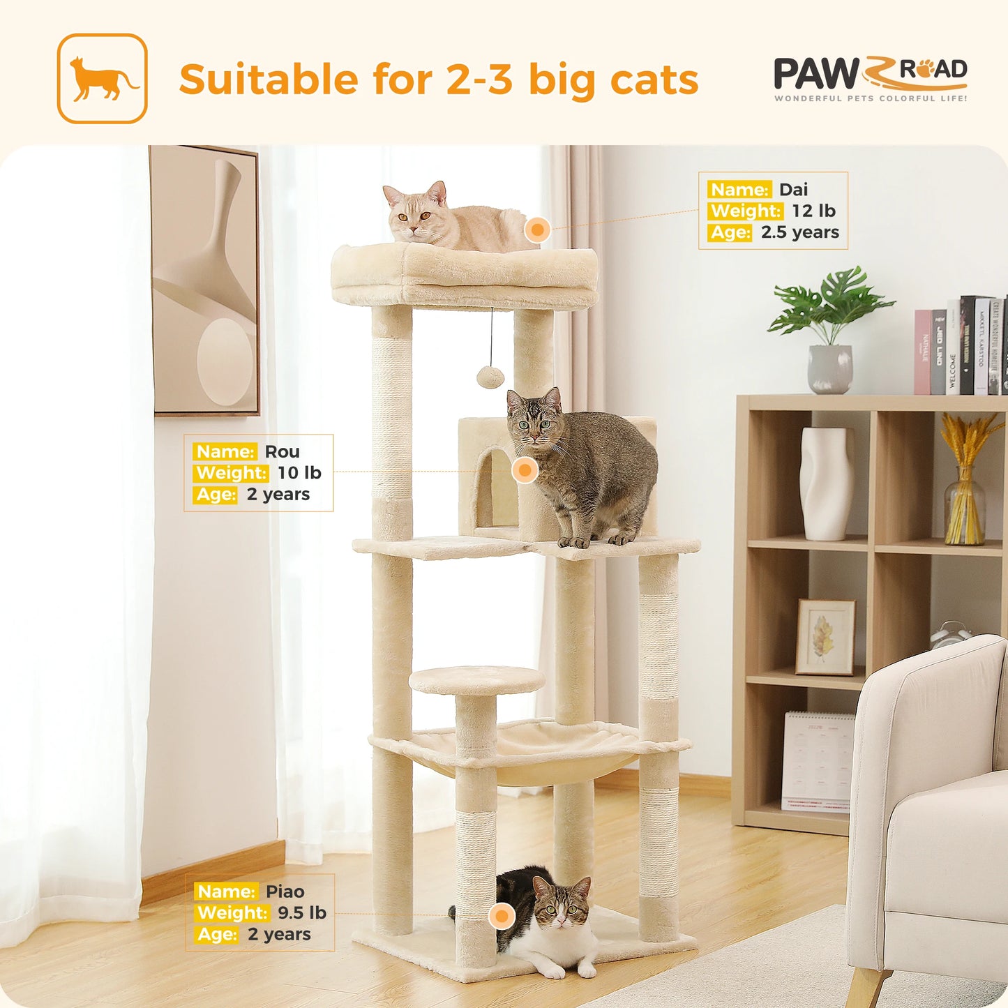 Elevate your indoor cat's playtime with PAWZ Road's sturdy 5-Level cat tree, expertly designed to support large cats, encourage climbing, provide safe lounging perches, and fit stylishly into your living space.