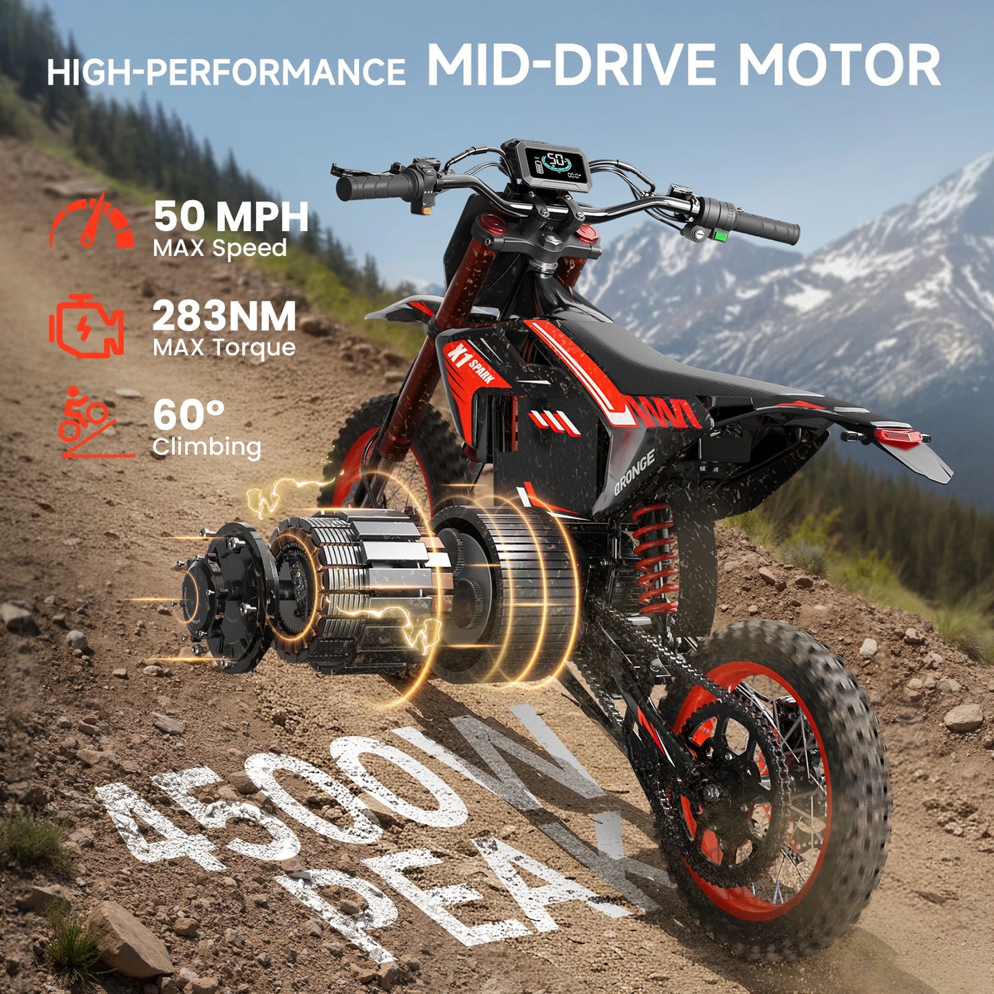 Experience rugged, trail-hardened performance with the QRONGE X1 Spark Electric Dirt Bike, delivering brutal torque, long-range confidence, and fearless handling on mud, shale, and steep climbs.