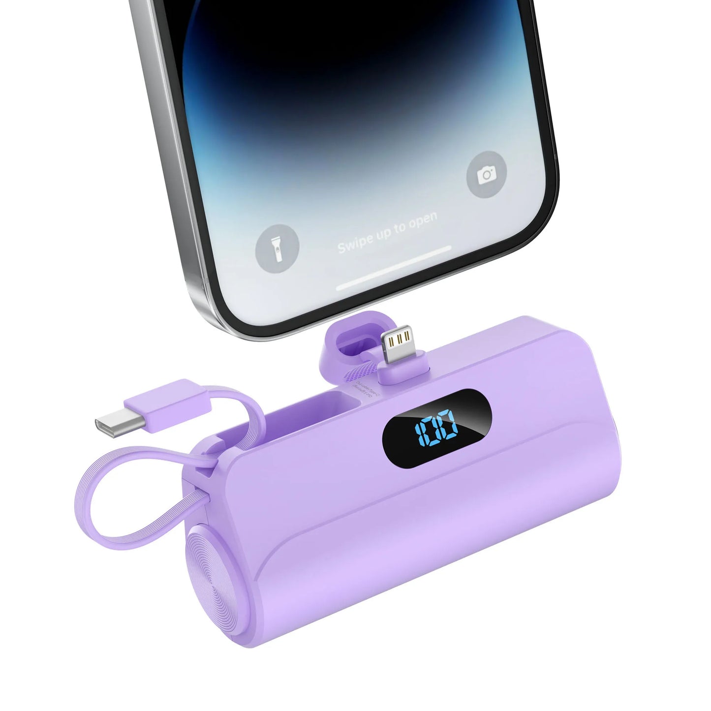 5000mAh Mini Portable Charger with Built-in Lightning port&Type-C Cable, Foldable Stand, LED Digital Display