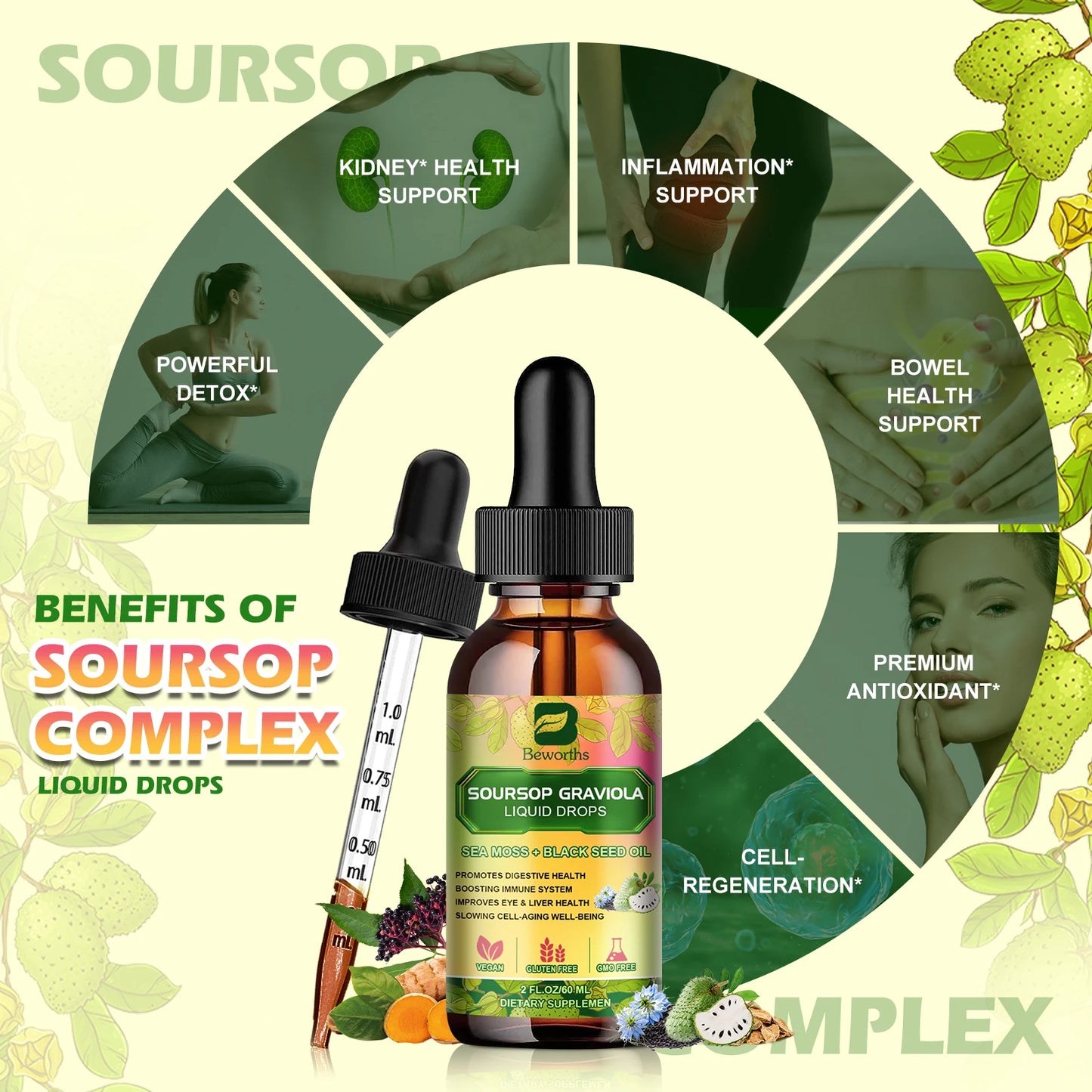 Elevate your everyday wellness with Beworths Soursop Graviola Extract Drops, a clean, convenient addition to your routine.