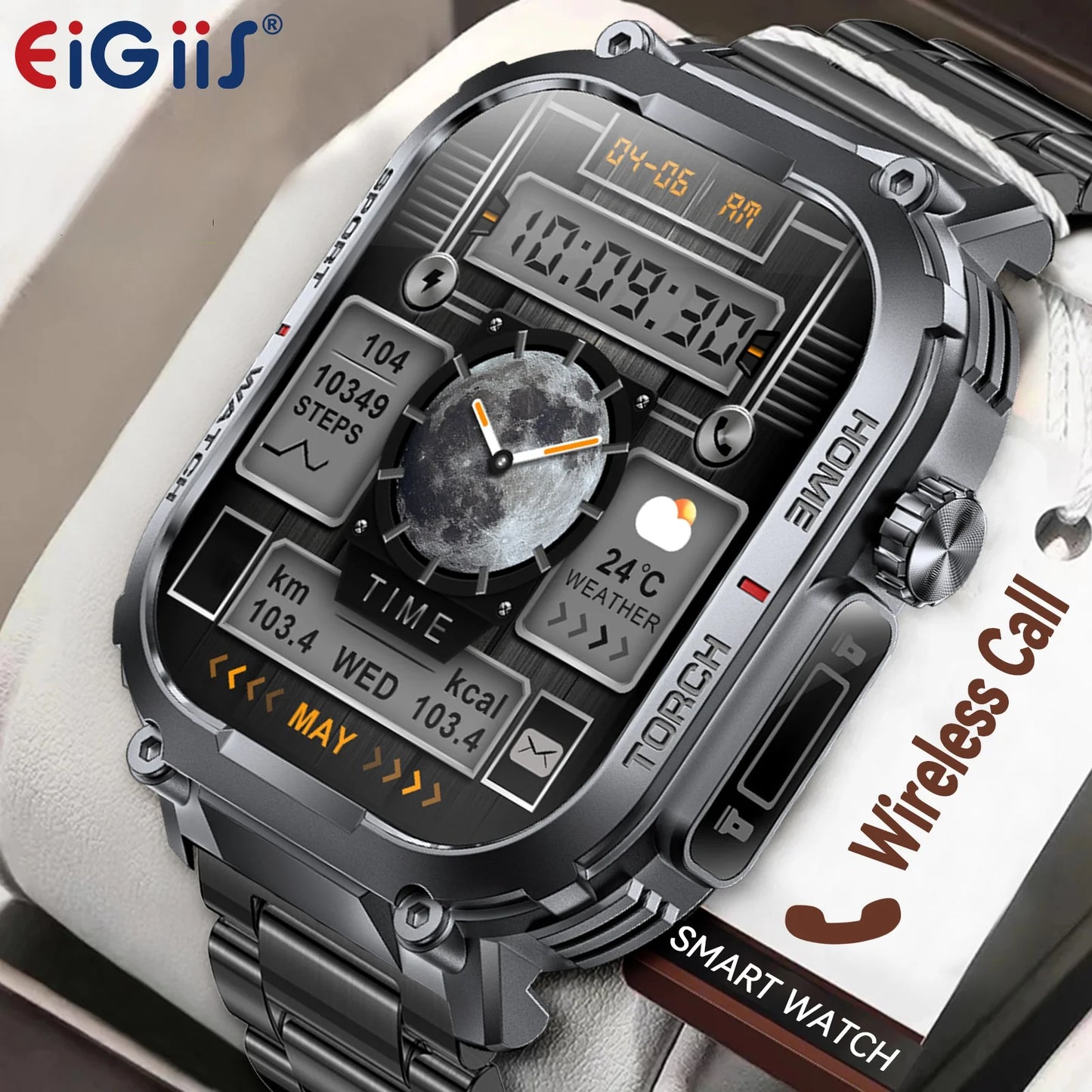 Experience the EIGIIS rugged smartwatch designed for your active life, featuring a 2.02 inch display, 3ATM water resistance, heart rate monitoring, a built-in compass, and a bright LED flashlight for day and night adventures.