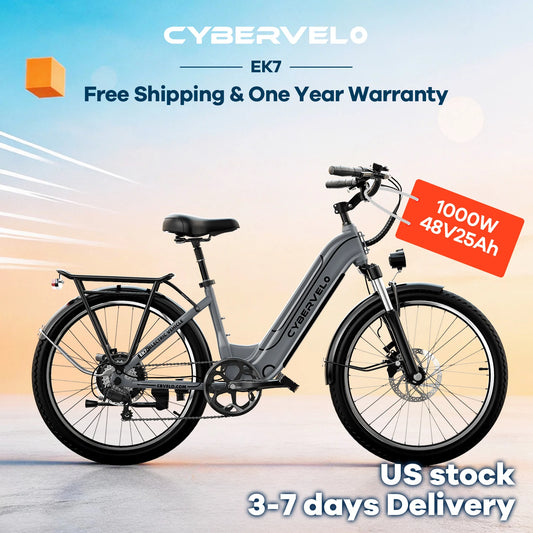 Cybervelo 26" Step-Thru Commuter, 1000W Peak 48V 25Ah Detachable Battery, Long Range 7-Speed Shift Electric Bike for Adult EK7