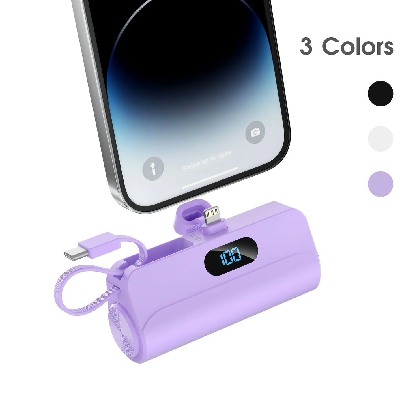 5000mAh Mini Portable Charger with Built-in Lightning port&Type-C Cable, Foldable Stand, LED Digital Display