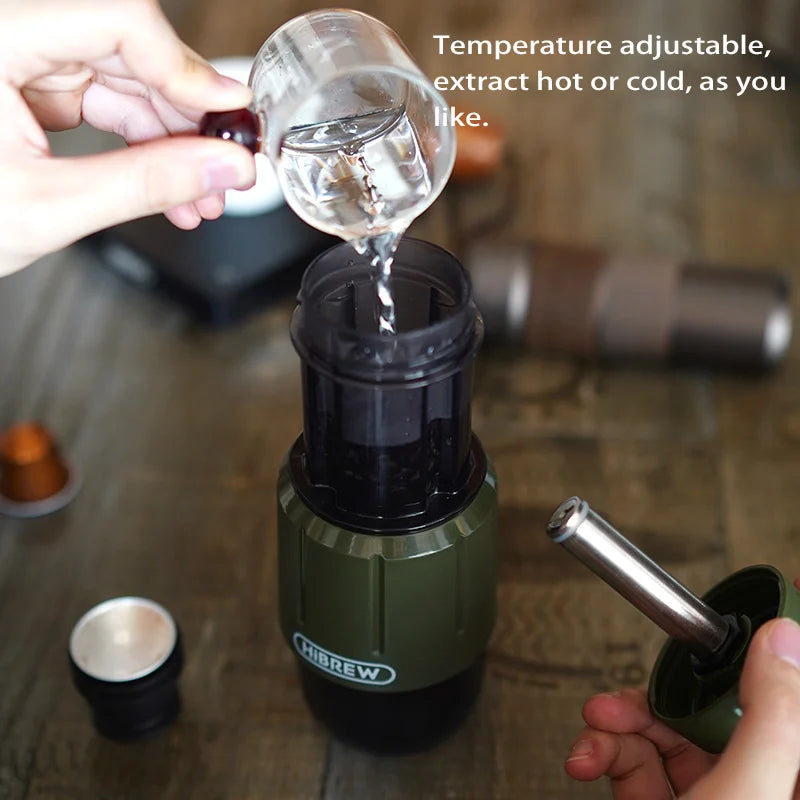 HiBREW delivers a compact, 2 in 1 portable coffee machine that brews hot or cold drinks on demand, wherever your day takes you, from office desks to campsites.