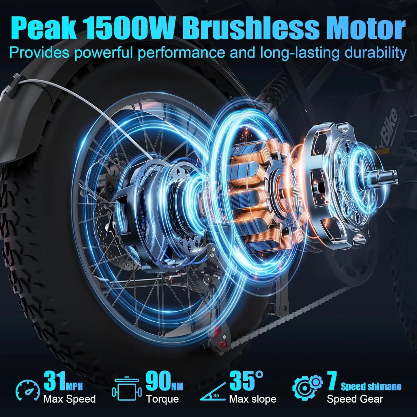48V 20Ah 1500W Fat Tire Electric Bike 31MPH 80Mi 20x4in 7-Speed UL2849 Off-Road,Customized