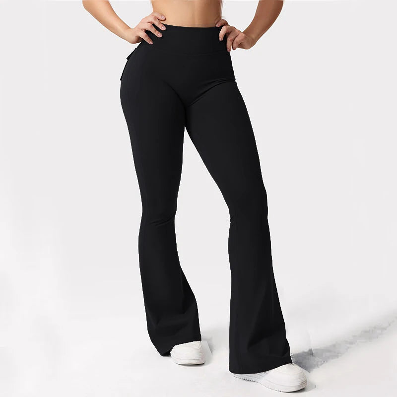 Women's High Waist Yoga Flare Trousers With Pockets Wide Leg