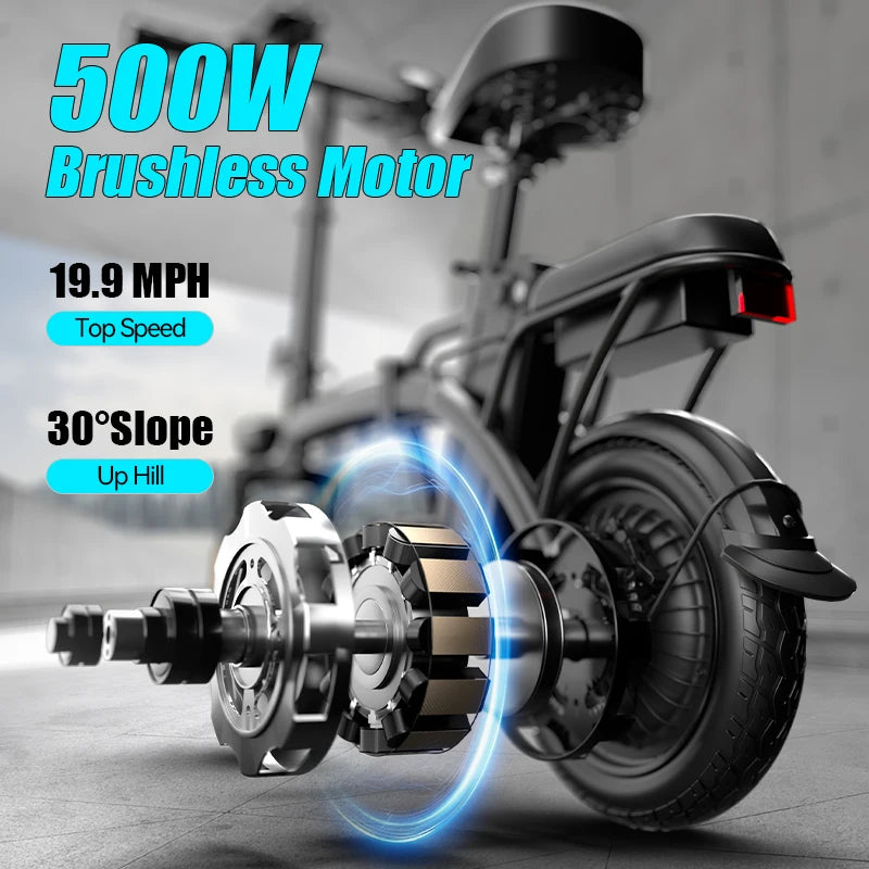 500W Electric Bicycles Ebike E-Bike For Adults, 3-Riding Modes, 14' Foldable Ebike, With Charger And Battery, MAX Speed 19.9 MPH, Rear Disc Brakes, With A Basket And Lock, Durable And Lightweight Frame, All-Terrain Foldable E