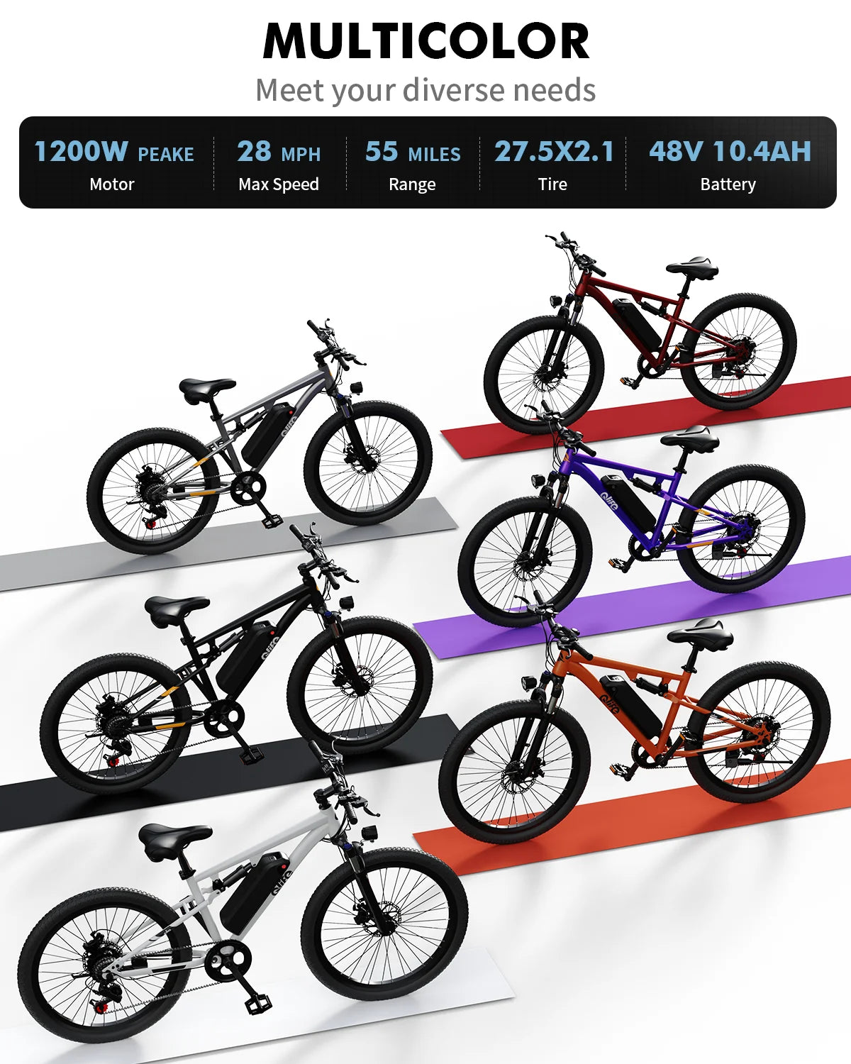 Qlife Racer Ultra 27.5" Electric Bicycle for Adults, Full Suspension 21-Speed Mountain Ebike with 1200W Brushless Motor, 48V 10.4AH Removable Battery 55 Miles