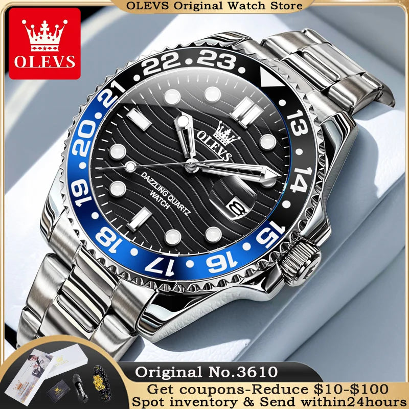 OLEVS 3610 Men Watch Stainless Steel Waterproof Rotating Dial Date Quartz