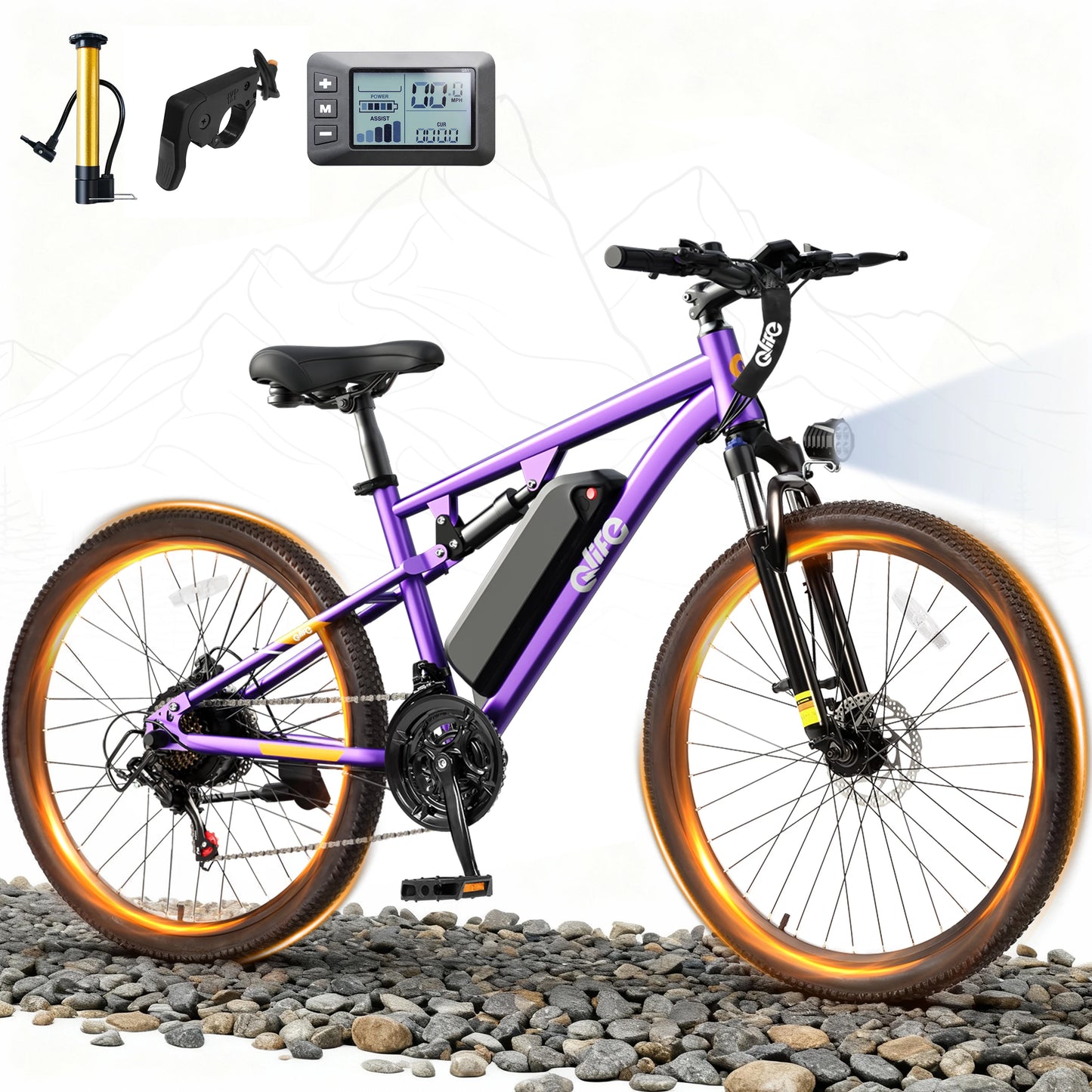 Qlife Racer Ultra 27.5" Electric Bicycle for Adults, Full Suspension 21-Speed Mountain Ebike with 1200W Brushless Motor, 48V 10.4AH Removable Battery 55 Miles