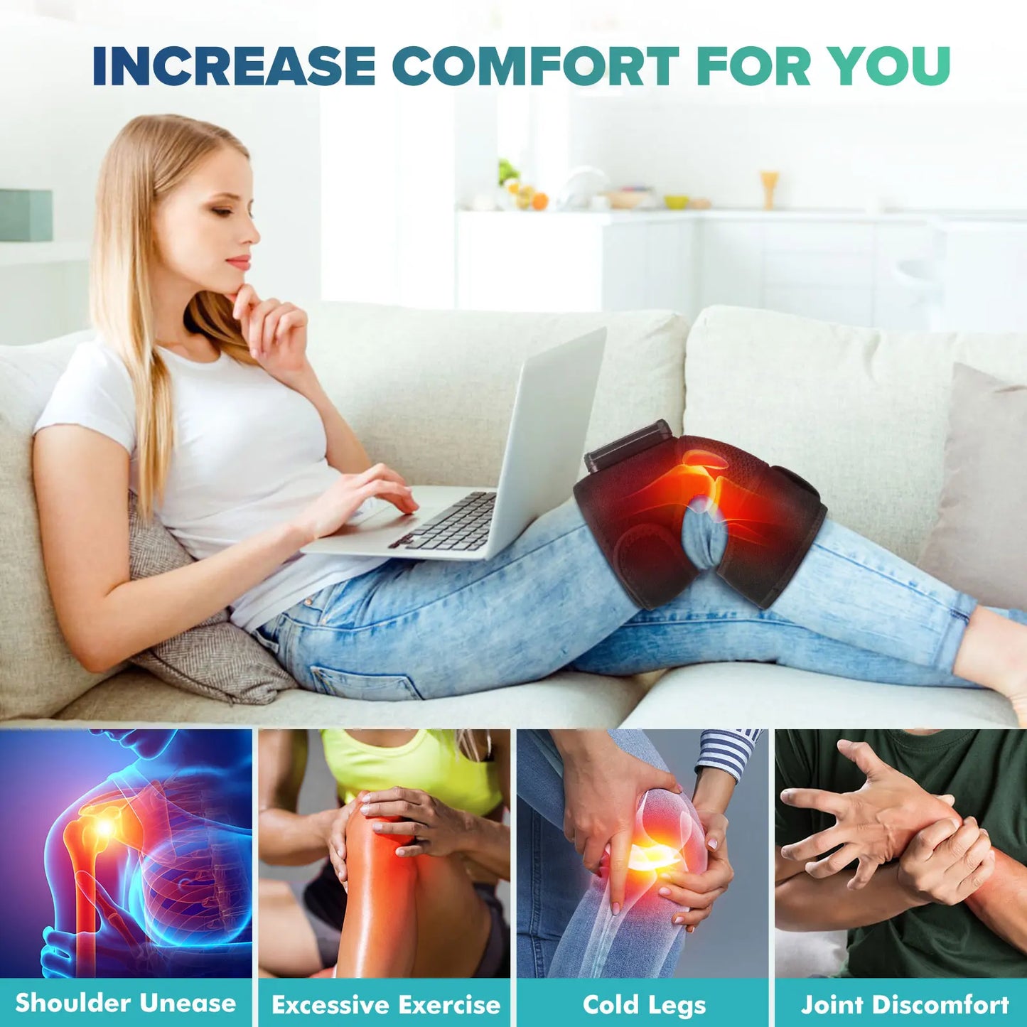 Experience targeted relief for your knees and joints with the Intelligent Electric Heating Knee Protection Massage device, a versatile wrap that combines warm therapy and gentle vibration for everyday comfort.
