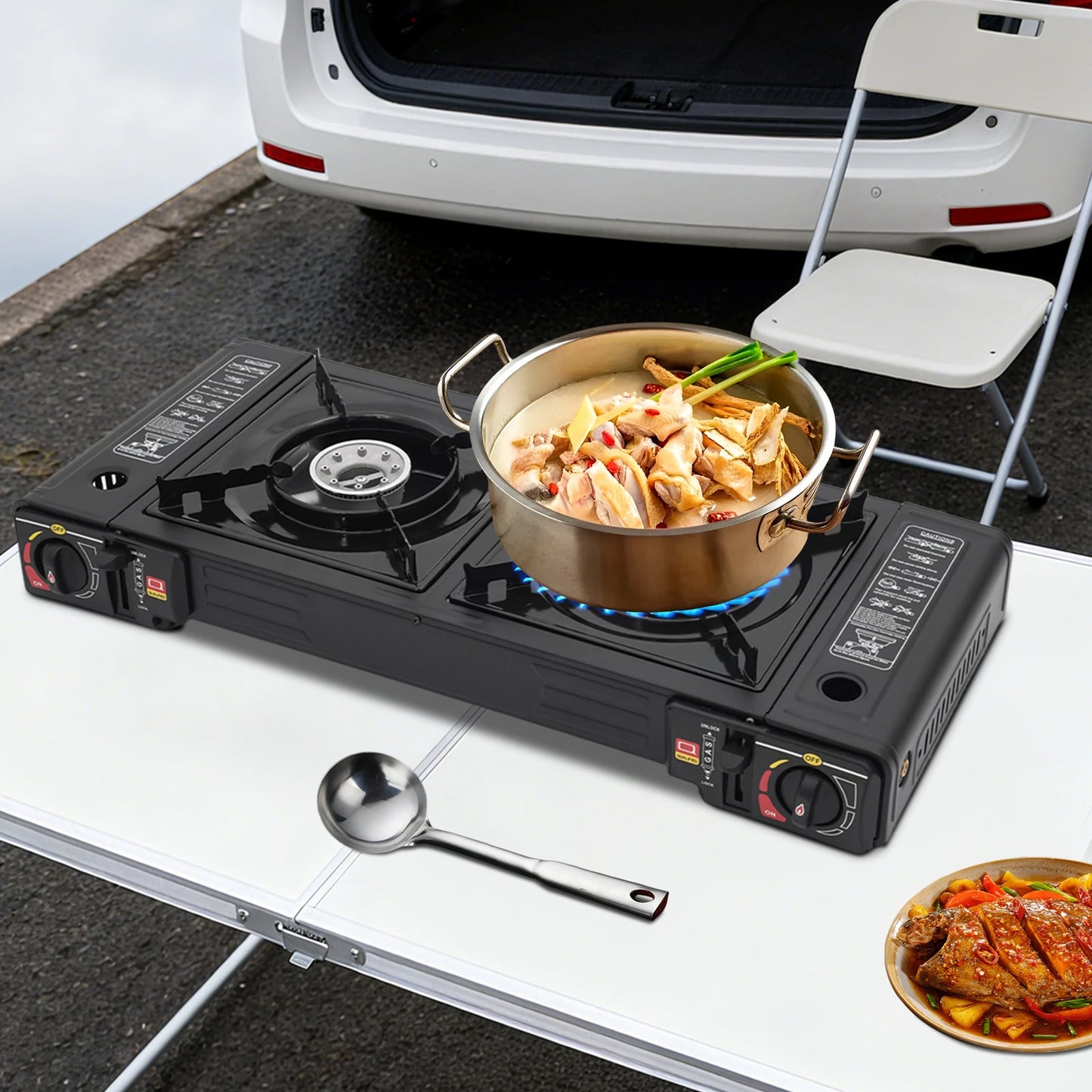 2 Burners Portable Camping Stove, 2.5KW Auto Ignition Butane/LPG Gas Stove w/Baking Tray+Carrying Case for RV Outdoor Picnic BBQ