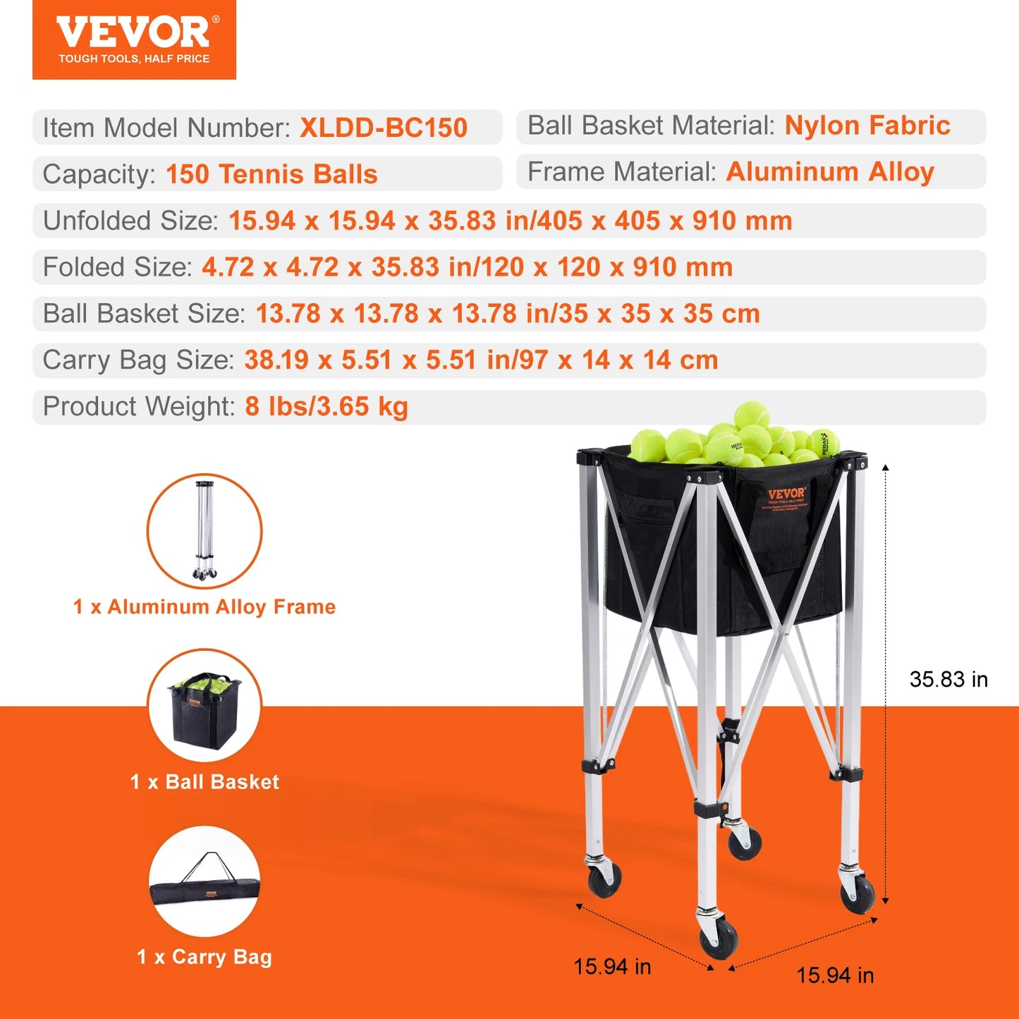 SucceBuy Foldable Tennis Ball Cart With Wheels Holds 150 To 180 Balls