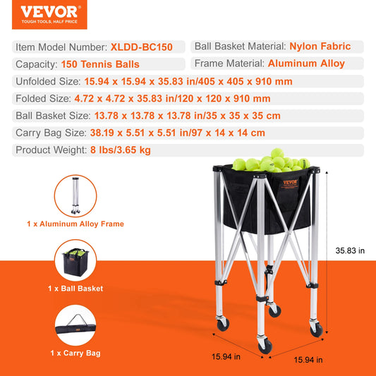 SucceBuy Foldable Tennis Ball Cart With Wheels Holds 150 To 180 Balls