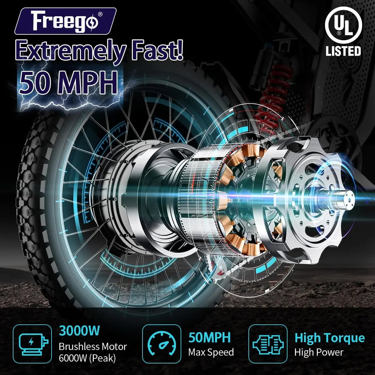 Freego X2 Electric Dirt Bike 6000W Motor 60V 30Ah Removable Battery Max 50Mph E-Bike 19" x2" Tire Electric Motorcycle for Adults